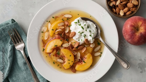 Fresh Peaches With Cream and Almonds in a Bowl on a Simple Table