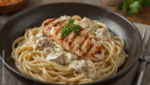 Delicious Plate of Pasta With Grilled Chicken and Creamy Sauce Served on a Wo...