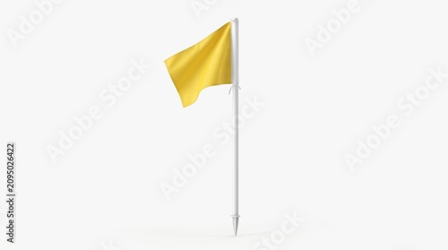 A plain yellow flag attached to a white flagpole, set against a plain background
