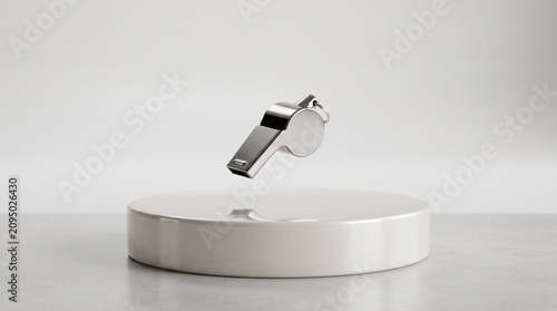 A shiny silver whistle floats above a minimalist white podium, symbolizing authority and communication.