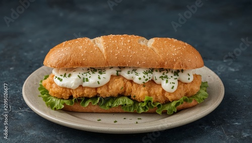 Fresh Sandwich With Fried Chicken, Lettuce, and Sauce on a Plate