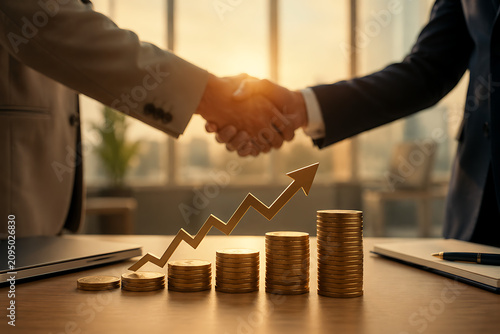 Business partners shaking hands above rising coin stacks and upward arrow, financial growth, successful investment, profitable deal and corporate partnership.