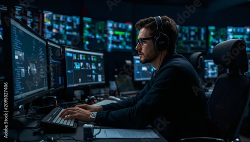 Professional Works on Multiple Computer Screens in a Busy Office During Night...