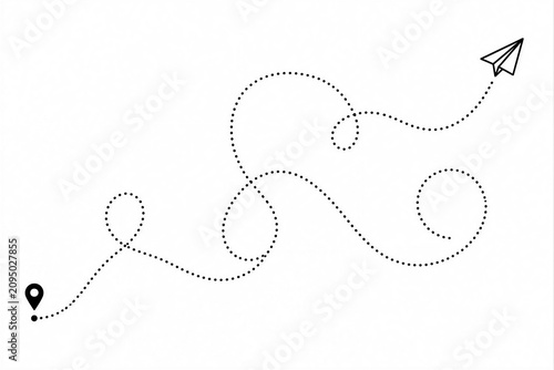A dotted line shows a winding path that leads to a paper airplane taking off from a starting point. This represents a journey or adventure.