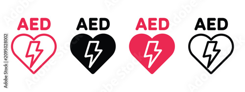 Foto AED defibrillator icon set, automated external defibrillator symbols, emergency cardiac shock device signs for healthcare safety and medical applications