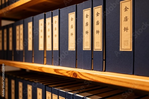 Blue hardcover books on wooden shelves