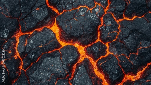 Volcanic Lava Flows Creating Cracks and Bright Orange Lines on the Dark Surfa...