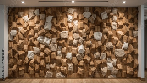 Art Installation With Wooden Blocks and Stone Patterns in an Interior Space