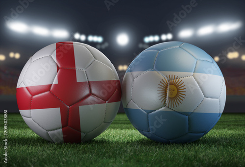 Two soccer balls in flags colors on a stadium blurred background. England vs Argentina. 3D image.