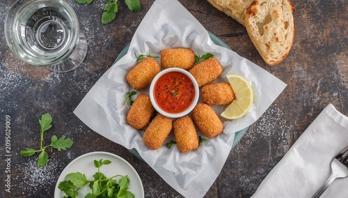 Croquettes Served With Sauce and Lemon on a Wooden Table at a Restaurant