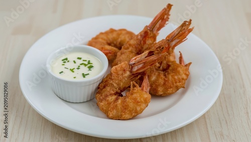 Shrimp With Dip Served in a White Bowl on a Wooden Table at a Casual Dining Spot