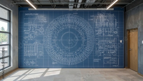 Blueprint Mural on a Wall in an Office Space During Daytime With Natural Light