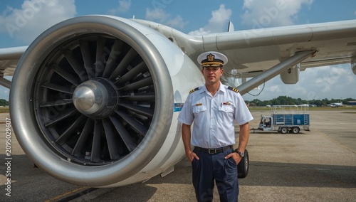 Pilot Stands Next to Airplane Engine at Airport During Clear Weather in the A...