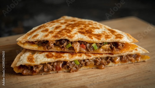 Delicious Quesadilla With Beef, Cheese, and Salsa Served on a Wooden Board