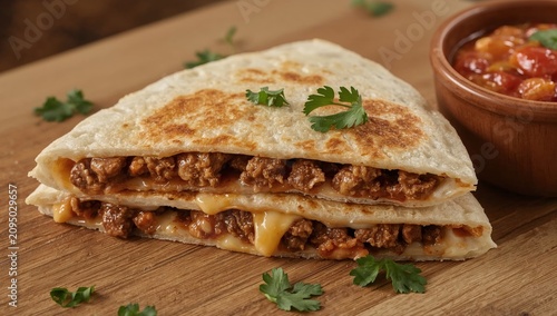Delicious Quesadilla With Beef, Cheese, and Salsa Served on a Wooden Board