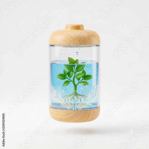 3D smart eco battery icon with wooden caps, clear glass body, and growing plant sapling inside blue water, green hydro energy technology concept, renewable power storage claymorphism isolated on pure 