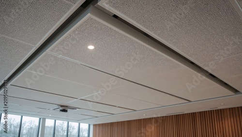 Modern Ceiling Design With Soundproof Panels and Light Fixtures in Office Space