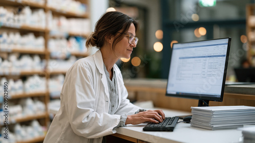 A pharmacist entering naloxone dispensing records into a state monitoring system, with completed counseling forms beside the keyboard.
