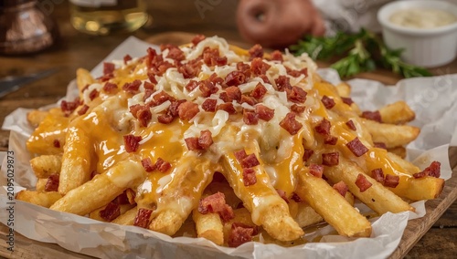 Delicious Loaded Fries Topped With Cheese and Bacon on a Wooden Table