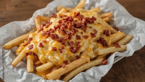 Delicious Loaded Fries Topped With Cheese and Bacon on a Wooden Table