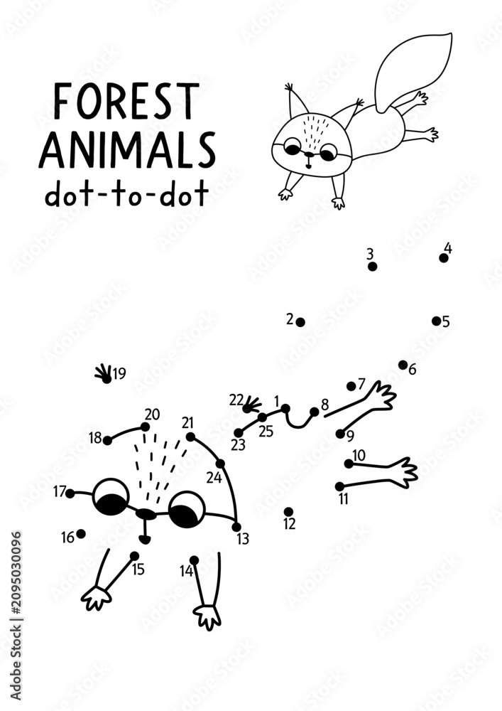Obraz premium Vector forest dot-to-dot and color activity with cute jumping squirrel. Black and white connect the dots game for children with funny woodland animal. Line printable worksheet