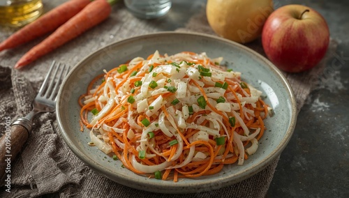 Fresh Salad With Carrots, Cabbage, and Apples on a Plate in a Kitchen Setting