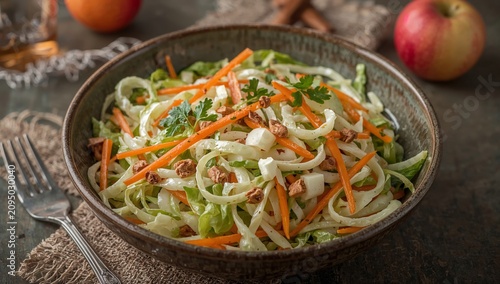 Fresh Salad With Carrots, Cabbage, and Apples on a Plate in a Kitchen Setting