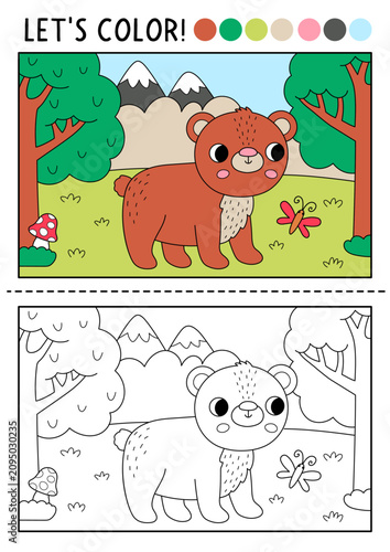 Forest coloring page with bear. Vector outline illustration with wild nature scene. Color book with colored example. Drawing printable worksheet with woodland animal, wildlife landscape