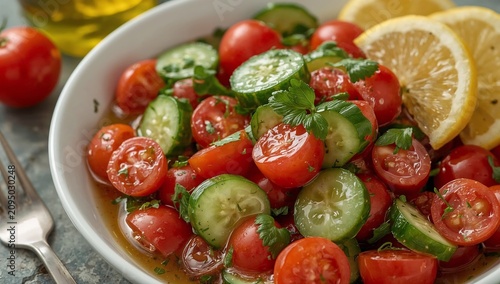 Fresh Salad With Tomatoes, Cucumbers, and Lemon Placed on a Table With Olive ...