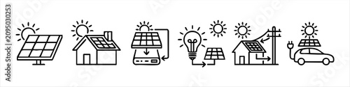 Set of hand-drawn solar energy icons including solar panels, house with rooftop PV, battery storage, electric car charging, and grid connection. Sustainable renewable energy concepts in line art.