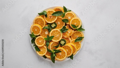 Bright Citrus Fruits Arranged on a Tray With Green Leaves and Small Berries o...