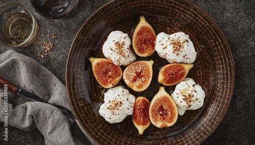 Fresh Figs and Creamy Cheese Served on a Dark Plate With Nuts