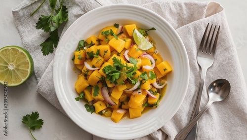 Fresh Mango Salad With Lime and Cilantro in a White Bowl