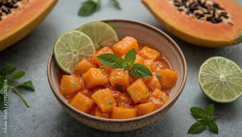 Fresh Papaya Salad With Lime Served in a Bowl With Mint Leaves on a Simple Table