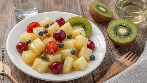 Fruit Salad With Various Fruits on a Wooden Table With Glasses of Beverage