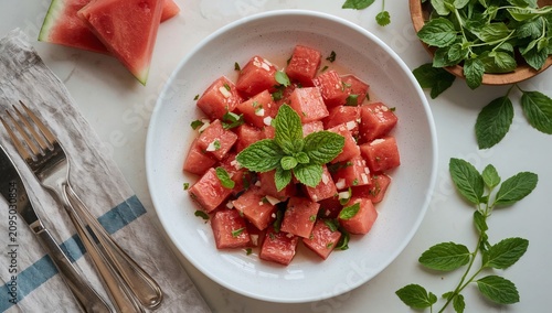 Fresh Watermelon Salad With Mint on a White Plate on a Table With Utensils an...