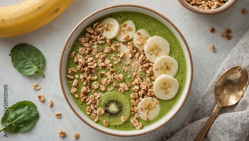 Healthy Smoothie Bowl With Fruits and Granola on a Table in a Kitchen Setting