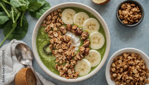 Healthy Smoothie Bowl With Fruits and Granola on a Table in a Kitchen Setting