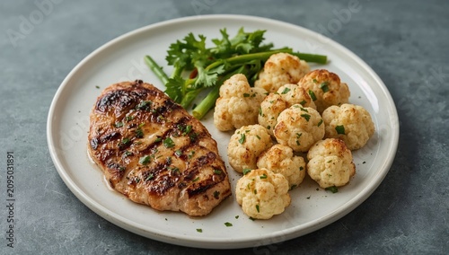 Grilled Chicken Breasts Served With Roasted Cauliflower Pieces on a White Plate