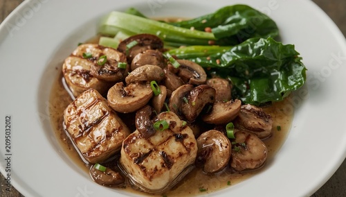 Sliced Grilled Chicken With Mushrooms and Green Vegetables Served on a White ...