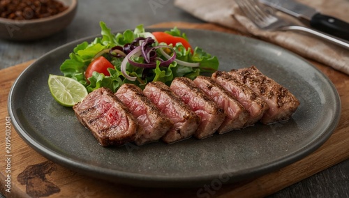 Steak Served on a Plate With Salad and Lime on a Wooden Table