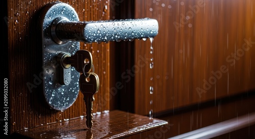 A close-up view of a metal door handle with a set of keys left inside the lock of a closed wooden door during a cold and rainy evening, lock, boundary, texture