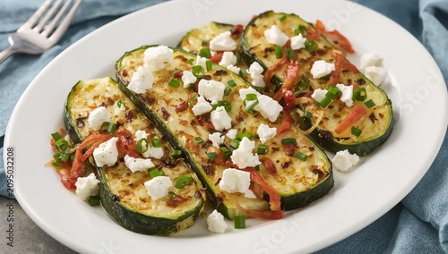 Grilled Zucchini With Feta Cheese and Red Peppers Served on a White Plate