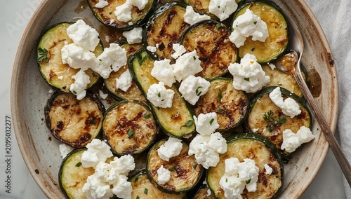 Grilled Zucchini With Feta Cheese and Red Peppers Served on a White Plate