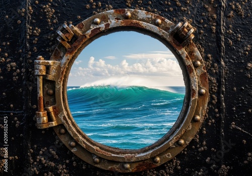 A round metal porthole set in a weathered ship hull reveals a view of deep blue ocean waves under a bright sky with fluffy white clouds, vessel, frame, metal