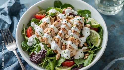 Grilled Chicken Salad With Spinach, Tomatoes, and Dressing on a Table
