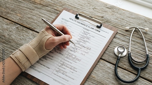 Healthcare concept with a hand filling out a health insurance claim form on a clipboard with medical equipment nearby