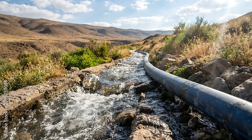 Irrigation canal flowing through a mountainous landscape with a black pipe delivering water to arid terrain under a bright blue sky