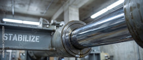 Hydraulic piston cylinder stabilize machinery closeup chrome metal rod. Industrial heavy equipment engineering mechanism in factory warehouse facility, mechanical power technology concept structure