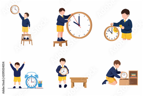 Tableau sur toile Schoolboy learning time management and punctuality with clocks vector set